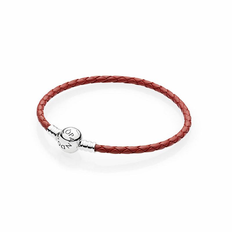 Pandora Red Braided Leather Charm Bracelet Sale NZ, Sterling Silver (367420-ZAS)